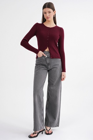 Hiccup Mixray Düğmeli Slim Fit Yivli Örgü Hırka Bordo Kırmızı 03
