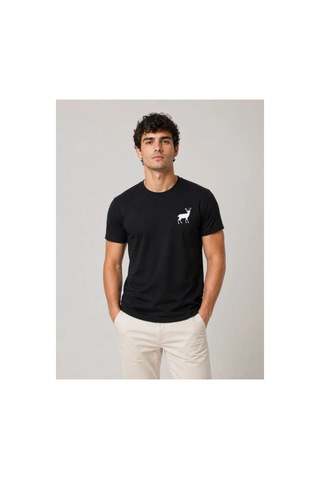 Butik İstanbul Erkek Minimal Geyik Logolu Tişört Bisiklet Yaka Kısa Kol Yazlık T-shirt - Siyah