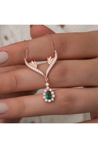 925 Ayar Yeşil Damla Taşlı Tasarım Kolye Kadın Gümüş Kolye