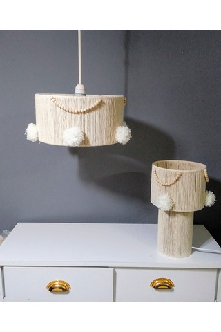 Makrome İp Avize Abajur Set Ekru Avize Boncuk Ponpon Makrome Abajur Ekru