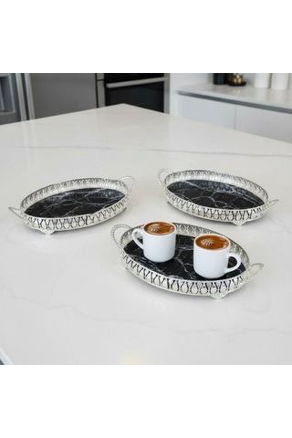3 Adet Gümüş Renk Mermer Desen Metal Çerçeveli Cam Tepsi - 28x19 Cm Gümüş
