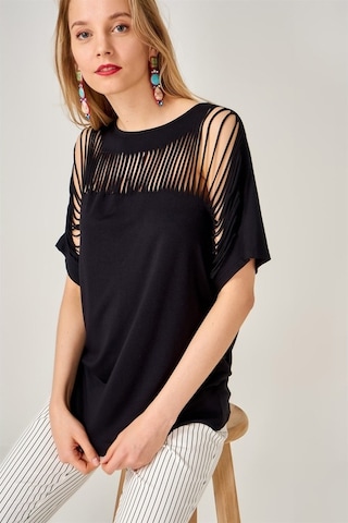 Kadın Lazer Kesim Siyah Bluz-Siyah