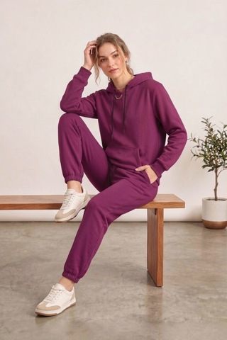 Moibody Kadın 3 İplik Şardonlu Eşofman Takımı Premium Kapüşonlu Sweatshirt Ve Jogger Alt Mürdüm Mürdüm