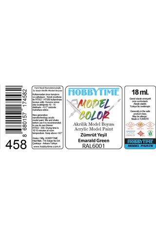 Hobbytime 458 18 Ml. Ral6001 Zümrüt Yeşil Emarald Green Akrilik Model Boyası