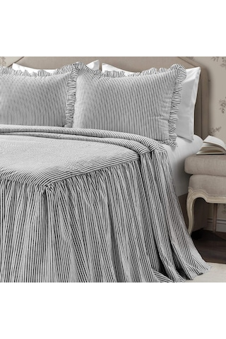 Lexroo Yatak Örtüsü, Çizgili Desen, Eskitilmiş Şık Tarzı, Hafif, 3 Parçalı Set, Siyah