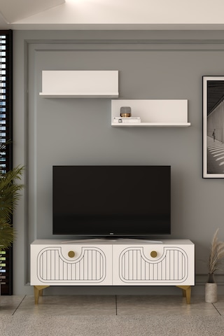 120dhdtür3ba 120 Cm Hera Lazer Desenli Raflı Tv Sehpası,ünitesi Beyaz - Altın