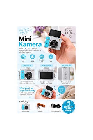 Mimtec Blm-109 Retro Mini Dijital Kamera 1080p Hd Katlanabilir Ekran Flaşlı Selfie Vlog Video Kamerası Mavi