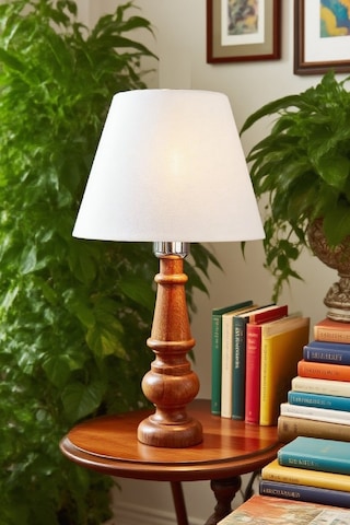 Ahşap Gövdeli Kumaş Başlıklı Dekoratif Abajur Masa Lambası Aydınlatma Lamba Beyaz