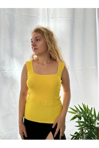 Simli Moda Kare Yaka Sarı Triko Bluz - Kadın Sarı