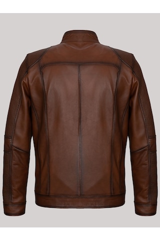 Hakiki Kuzu Derisi Fermuarlı İşlemeli Erkek Deri Mont Taba Taba