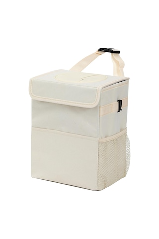 Bej Araba Çöp Kutusu 20x15x25 Cm Kapaklı Sızdırmaz Araba Çöp Kutusu 3 Saklama Cebi Askılı Su Geçirmez Araba Çöp Torbası Suv İçin