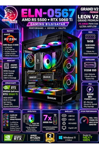Gameline ELN-0567 R5-5500 512 GB 16 GB SSD 8 GB RTX5060 Ti Dos Masaüstü Oyuncu Bilgisayar