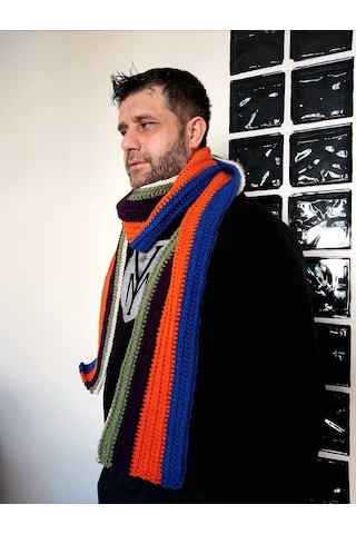 Çizgili El Yapımı Erkek Fular, Örgü Erkek Atkısı , Unisex Fular Saks Mavi