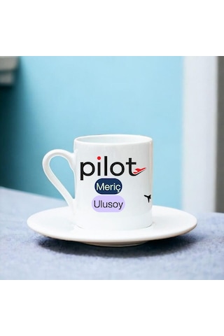 Kişiye Özel İsimli Pilot Tasarımlı Türk Kahvesi Fincanı Pilotlara Özel Hediye Beyaz
