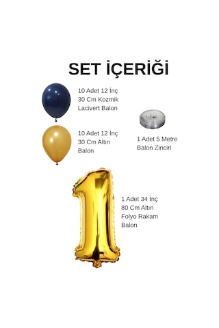 2 Yaş Sarı Lacivert Taraftar Temalı Doğum Günü Seti Altın Kozmik Lacivert Balonlar Altın Folyo Rakam Altın