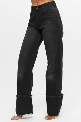 Shevega Kadın Siyah Işlemli Ters Paça Püskül Bol Paça Kot Jeans Pantolon Siyah