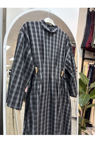 Nirva Butik Kadın Ekose Desenli Belden Oturtmalı Elbise Gri - Siyah