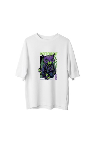 Paybuy Erkek Oversize Tişört Kaykay Kedi Baskılı Bağımsızlık Teması Raha Beyaz