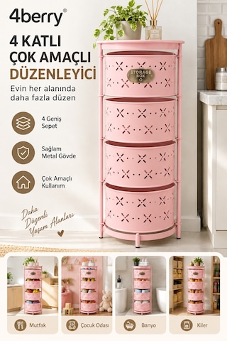4 Katlı Metal Çok Amaçlı Oyuncak Dolabı Mutfak Sebzelik, Oyuncak, Banyo Ve Ev Organizeri Pembe