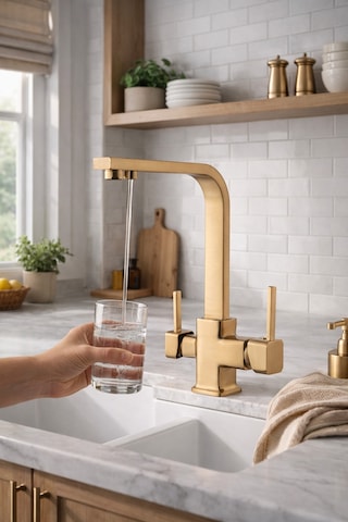Rena Design Mat Gold Aritmali Mutfak Eviye Bataryasi 3 Yollu Kare Mutfak Musluk Prinç Garantili Altin Armatür