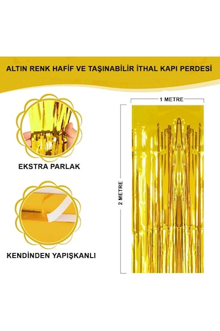 Altın Gold Renk Ekstra Metalize Parlak Saçaklı Arka Fon Perde İthal A Kalite 1x2 Metre Stantart