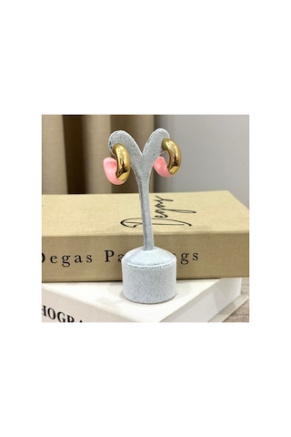 Gold Ve Pembe Mineli Yarım Halka Küpe - Modern Tasarım Pembe