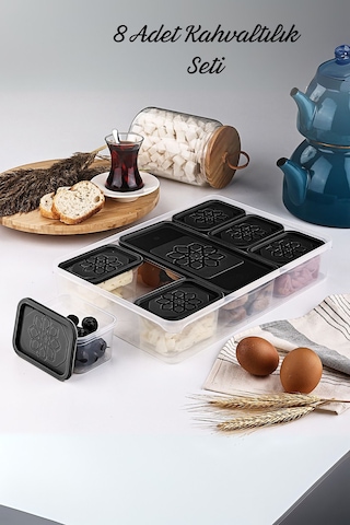 Mithra Life 8 Adet Siyah Kapaklı Kahvaltılık Seti Saklama Kabı Mıt1162 Siyah