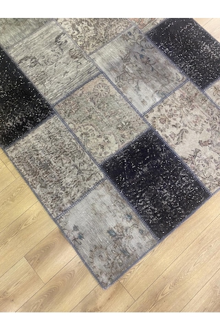 Çam Halı PW489 Gri Siyah El Dokuma Patchwork Yün Halı