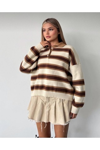 Kadın Çizgili Polo Yaka Oversize Triko Kazak Kahverengi