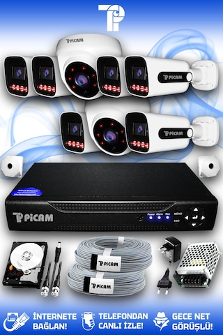 Picam 8 Kameralı Zebra 2 İç Kamera Set 1 Tb 5 Mp 2k Net Gece Görüşlü Güvenlik Kamerası Sistemi