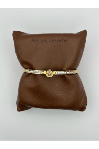 Arnes Jewelry Çelik Gold Zirkon Taşlı Kelepçe Bileklik Ar15 Gold