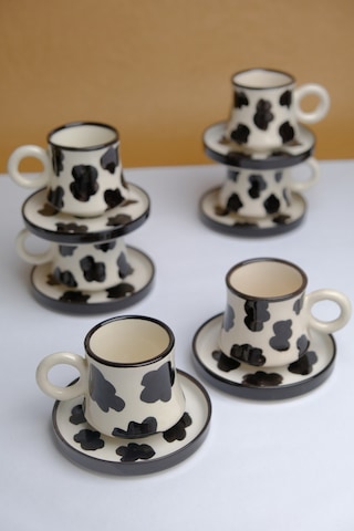 6 Lı Takım El Yapımı İnekli Kazan Seramik Kahve Fincanı, Kahve Fincanı Beyaz