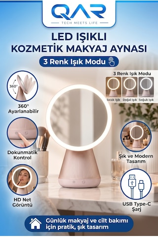 Şarjlı Yuvarlak Led Makyaj Aynası Dokunmatik 3 Renk Işıklı 360 Ayarlanabilir Masa Aynası Çok Renkli