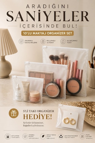10 Lu Makyaj Organizer Seti+ 5 Li Takı Organizer Hediye Şeffaf