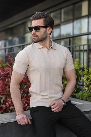 Madmext Taş Rengi Slim Fit Polo Yaka Triko Erkek Tişört E7491