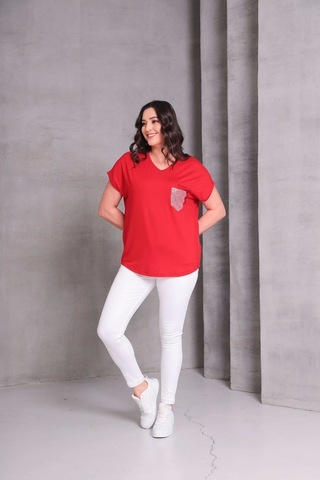 Cep Taş Baskılı Bluz Kırmızı