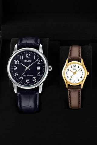 Casio Ltp-1094q-7b4rd-mtp-v002l-1budf Çift Saat Seti Siyah Kahverengi Deri Kordon Erkek Kadın Kol Saati Sarı