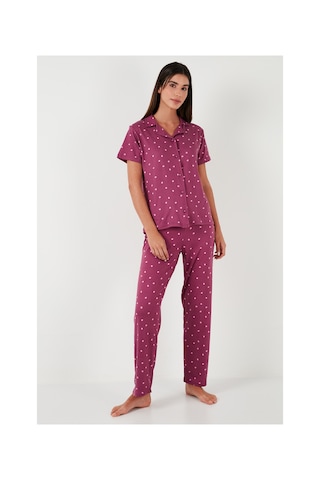 Lela Desenli Regular Fit Gömlek Yaka Bayan Pijama Takımı 65750101 Mürdüm