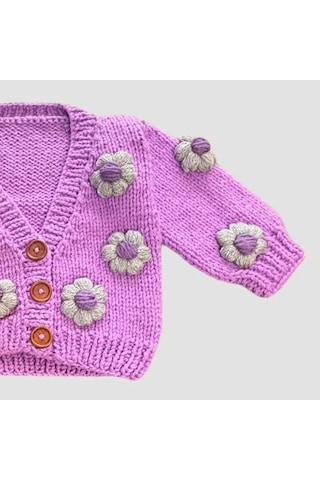 Uretti - Gülnur 2184 - El Örgüsü Çiçek Motifli Çoraplı Kız Çocuk Hırka 4 Yaş - Mor Mor