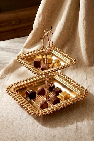 2 Katlı Standlı Premium Gold Sunumluk Servis Tepsisi-lüx Servis Tepsisi Altın
