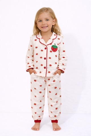Çilek Desenli Yakalı Önü Düğmeli Kız Çocuk Pijama Takımı Beyaz