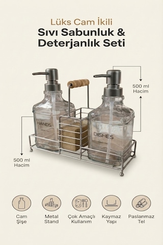 Makri Home Lüks Cam Ikili Sıvı Sabunluk & Deterjanlık Seti-500 Ml Cam Sabunluk, Bambu Kulplu Metal Stantlı Siyah