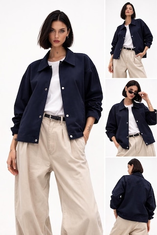 Kadın Oversize Basic Gabardin Mevsimlik Polo Yaka Ceket-385 Lacivert
