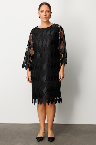 Moda İlgi Kadın Büyük Beden Ön Kısım Güpür Dantelli Elbise 0006 Siyah Siyah