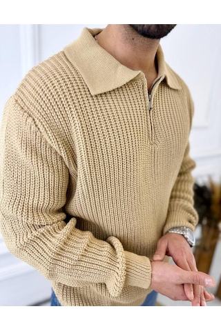 Kazak Oversize Tüylenmez Naturel Pamuk Fermuarlı Polo Yaka Örme Triko Kazak Kahverengi