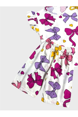 Aliş Kids Kız Çocuk Pamuklu Beyaz Kurdele Desenli Kolları Fırfırlı Şortlu Yazlık Pijama Takımı