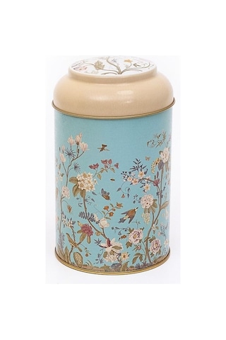 Flora Blue Desenli Yuvarlak Metal Saklama Kabı, 10,5 X 15 Cm, 1,1 Lt Desenli