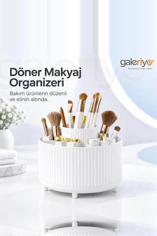 360 Derece Dönebilen 5 Bölmeli Makyaj Fırçası Organizeri Beyaz