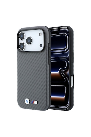 Apple iPhone Uyumlu 18 Pro Max Kılıf Bmw Lisanslı M-safeli Karbon Fiber Ve Metal Logolu Pu Deri Kapak Gri
