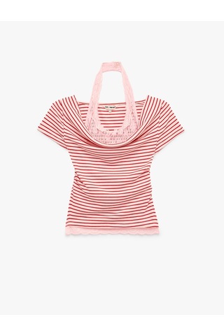 Koton Slim Fit Viskon Karışımlı İkili Kayık Yaka Kısa Kollu Tişört Kırmızı Çizgili 6sal10983ık